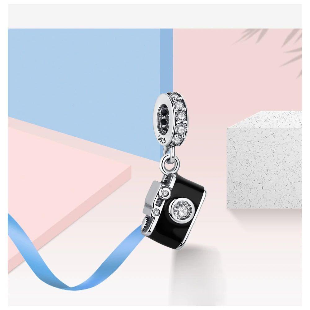 Charm Dije Plata 925 Camara Fotografica Negra-2