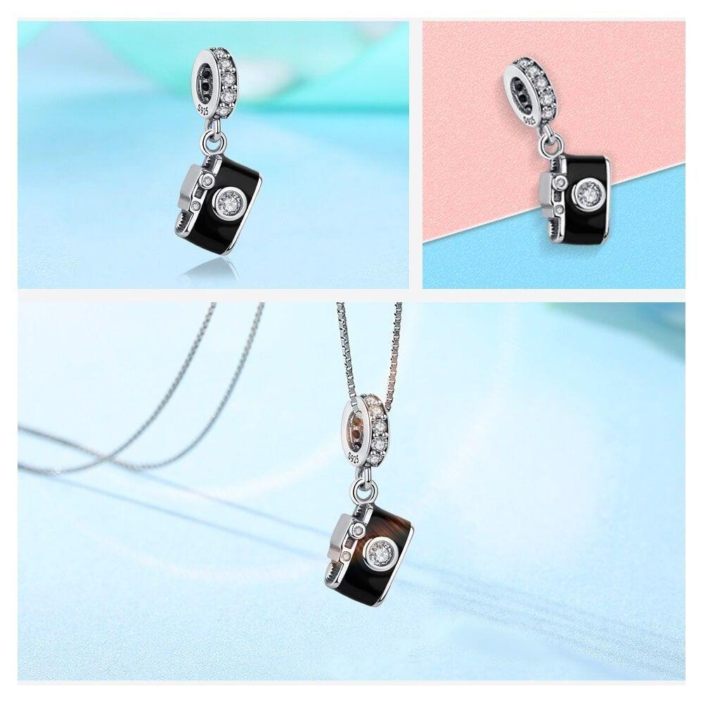 Charm Dije Plata 925 Camara Fotografica Negra-4