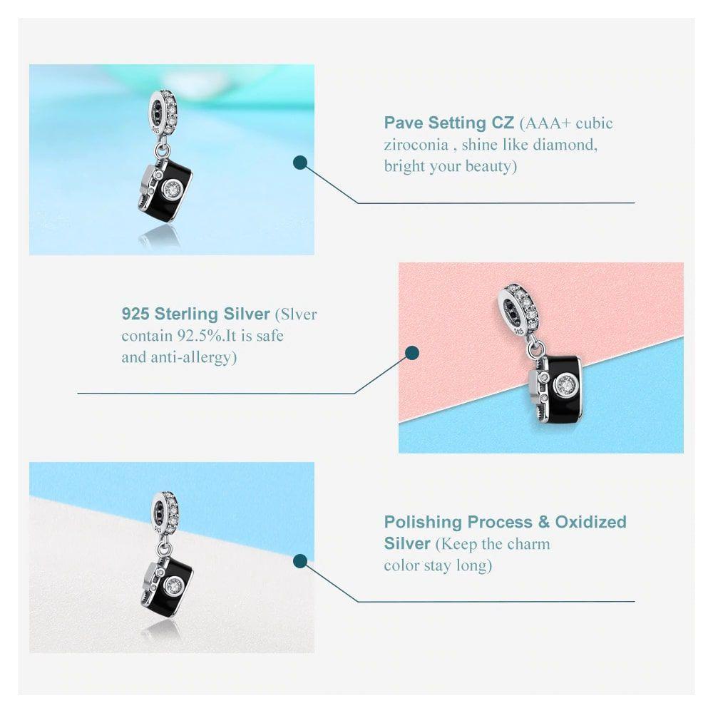 Charm Dije Plata 925 Camara Fotografica Negra-5