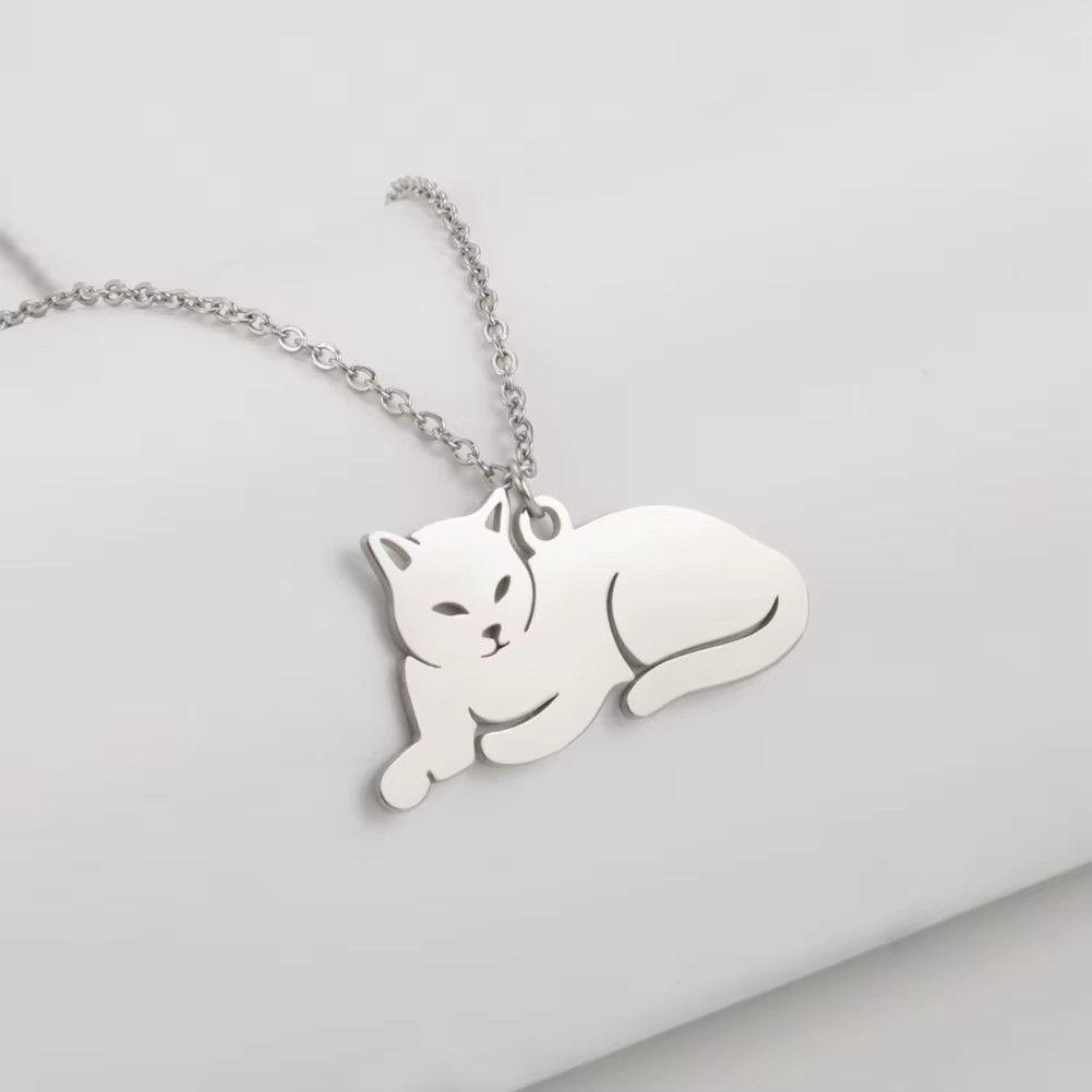 Collar Gato Acostado Gatito Acero Plateado-2