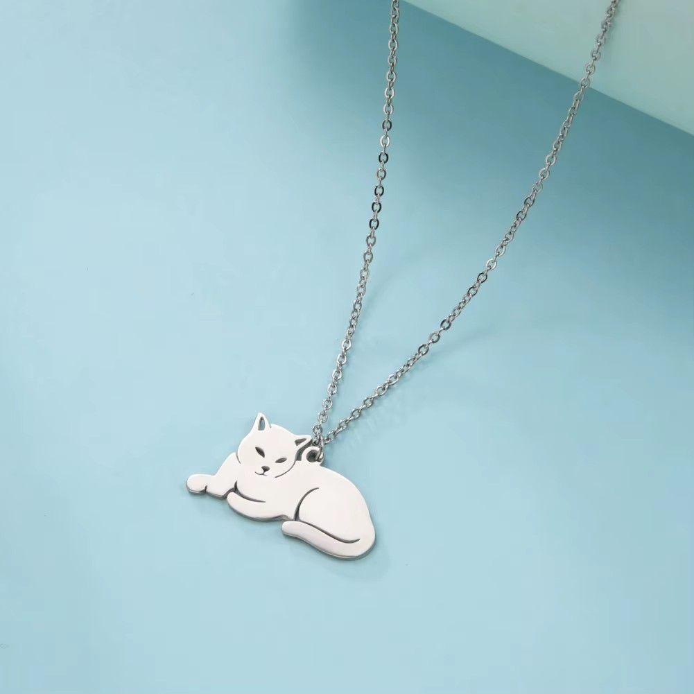 Collar Gato Acostado Gatito Acero Plateado-3