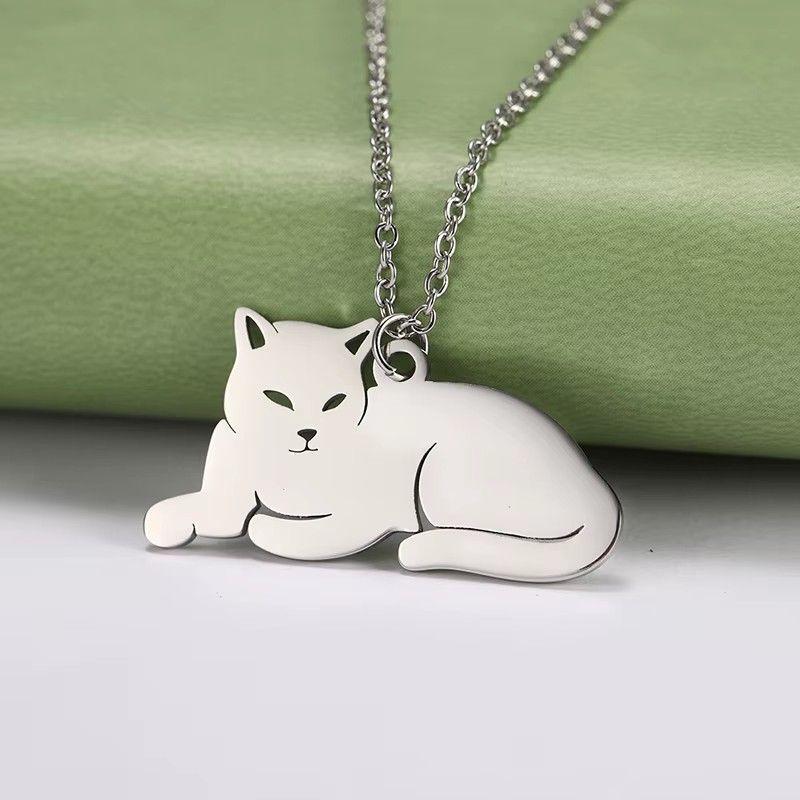 Collar Gato Acostado Gatito Acero Plateado-5