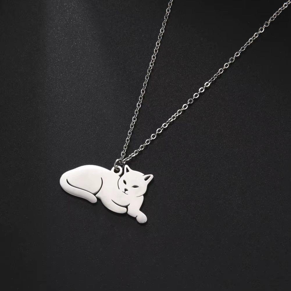 Collar Gato Acostado Gatito Acero Plateado-6