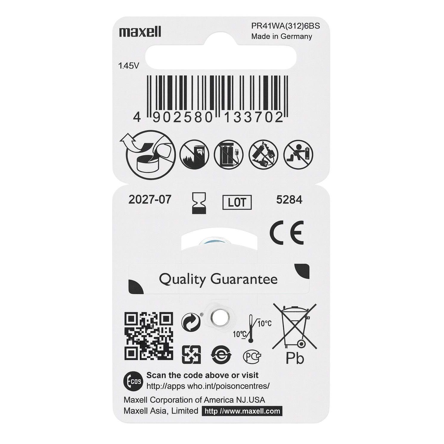 Pack 6 Pilas Para Audífonos Maxell 312 Auditivas-1