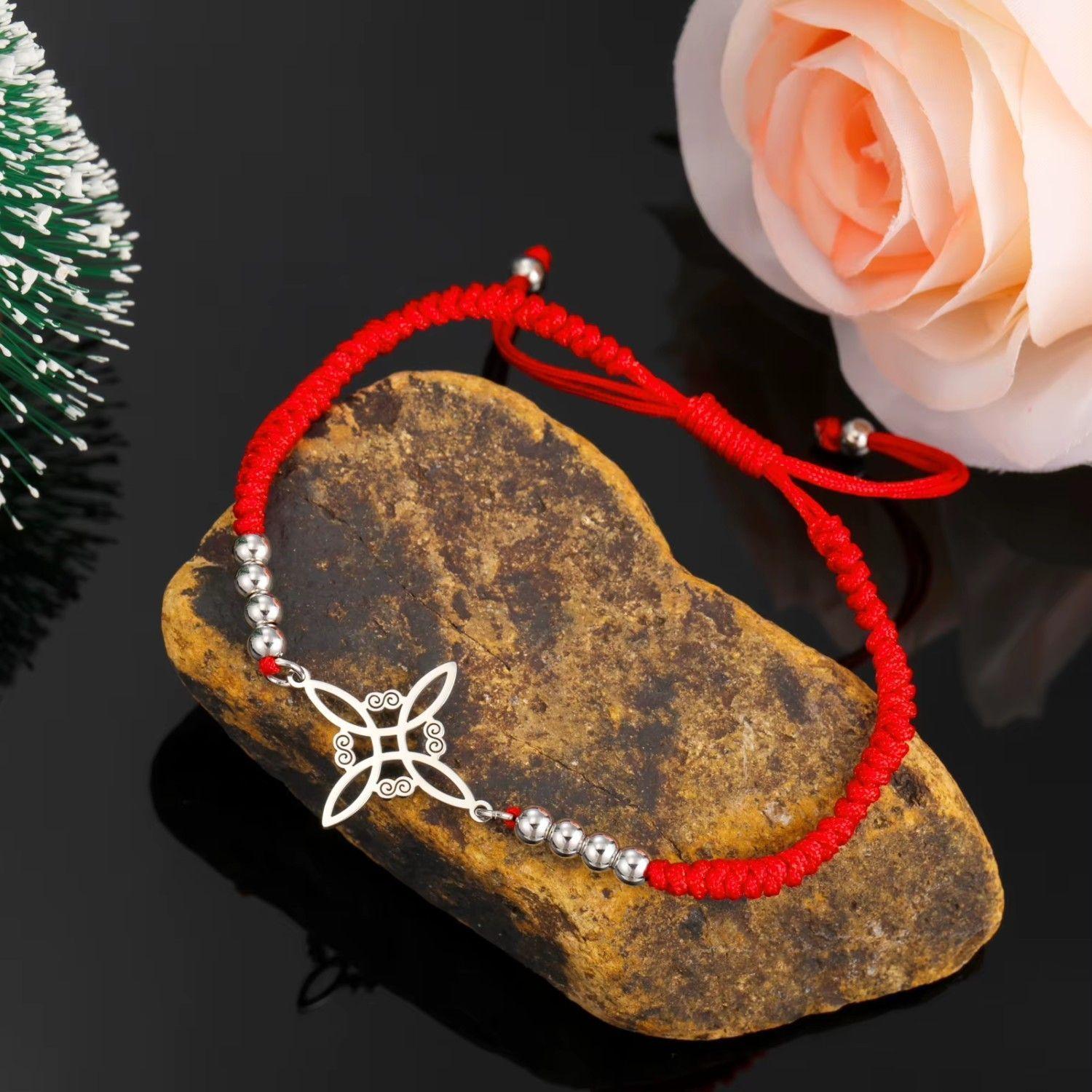Pulsera Nudo de Bruja Celta Plateada Acero Cuerda Roja-3