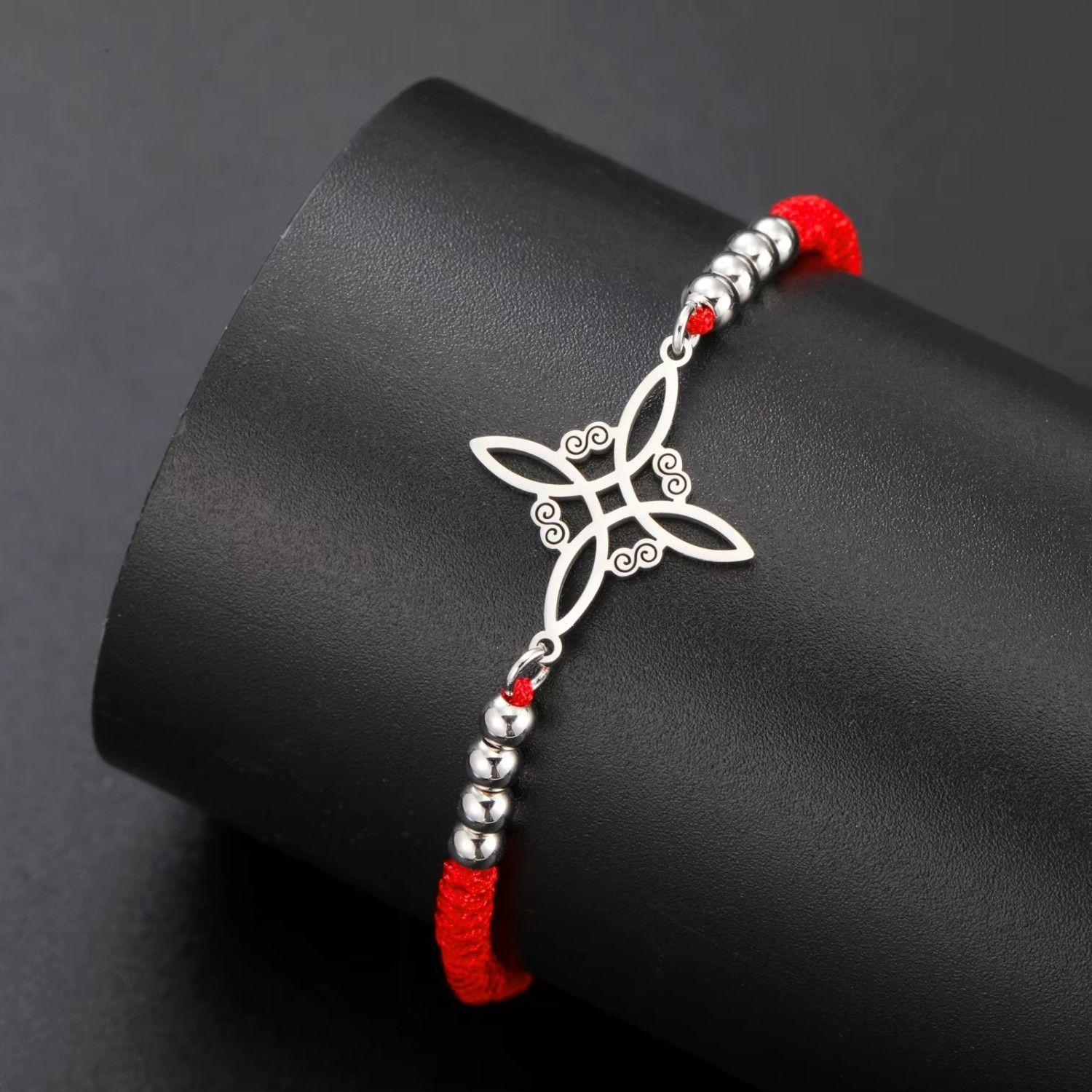 Pulsera Nudo de Bruja Celta Plateada Acero Cuerda Roja-4