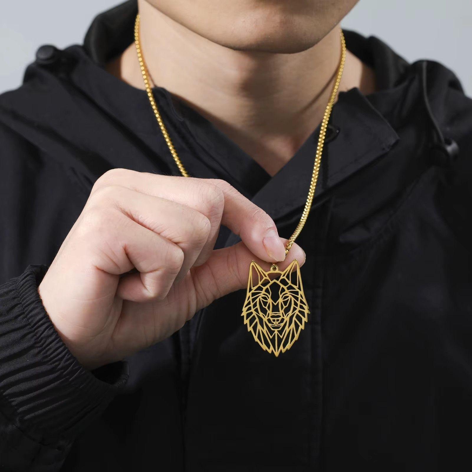 Collar Cabeza Lobo Wolf Acero Geométrico Dorado-3