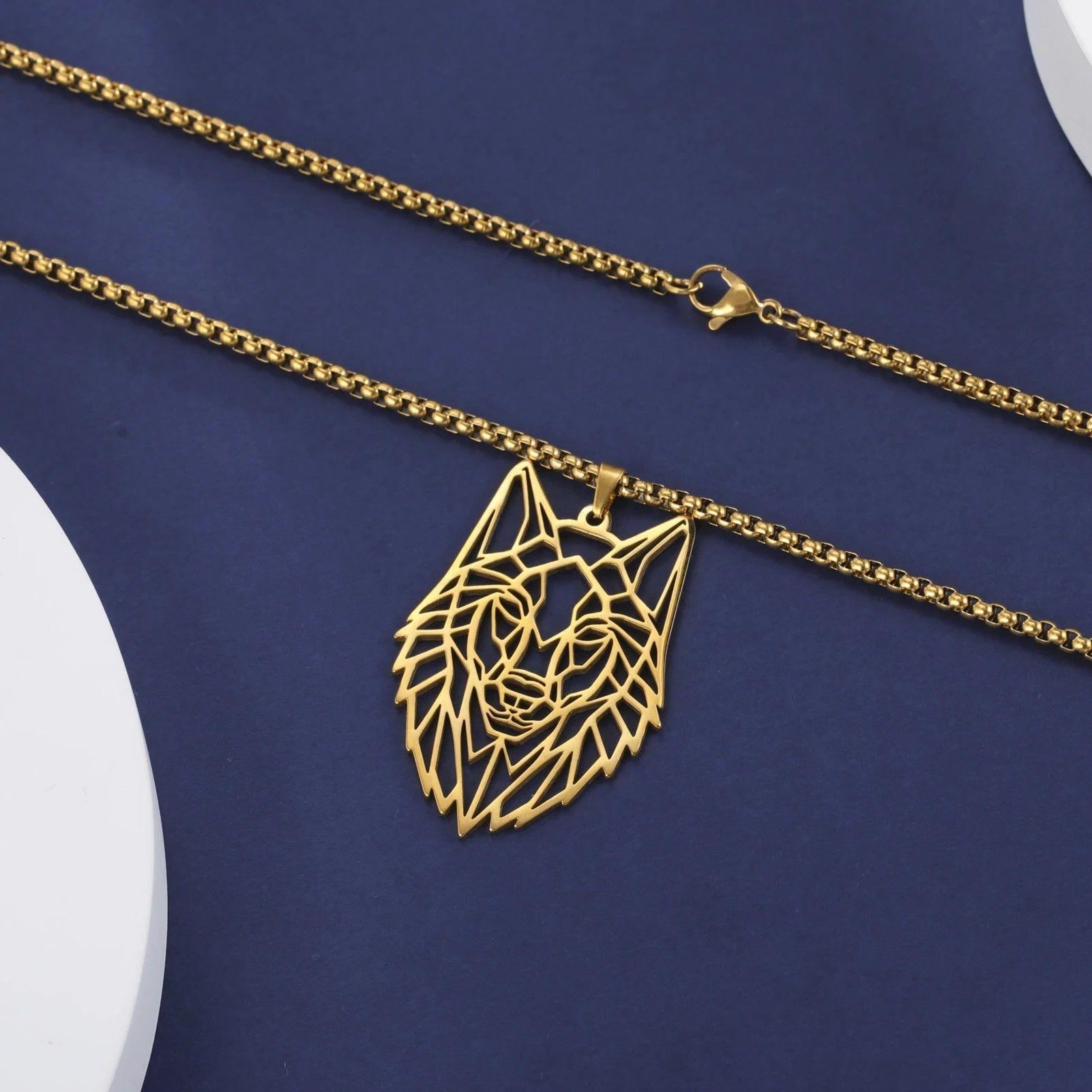 Collar Cabeza Lobo Wolf Acero Geométrico Dorado-4