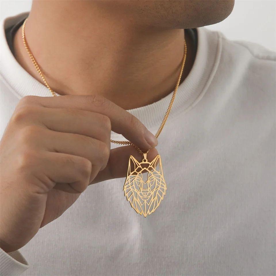 Collar Cabeza Lobo Wolf Acero Geométrico Dorado-5