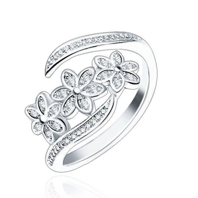 Anillo Tres Flores Bañado Plata 925 Ajustable con Circones-0