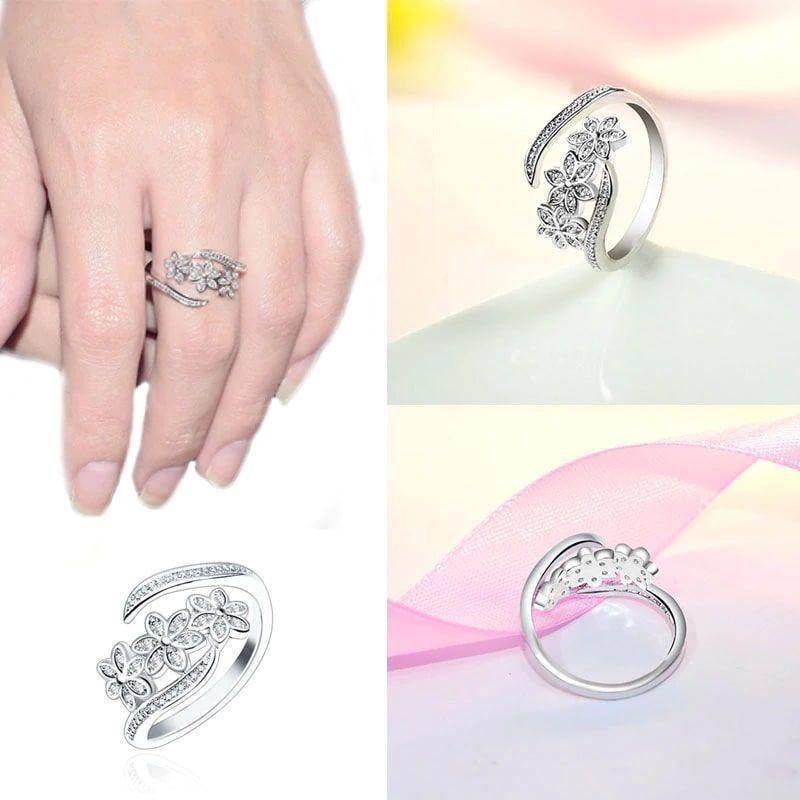 Anillo Tres Flores Bañado Plata 925 Ajustable con Circones-1