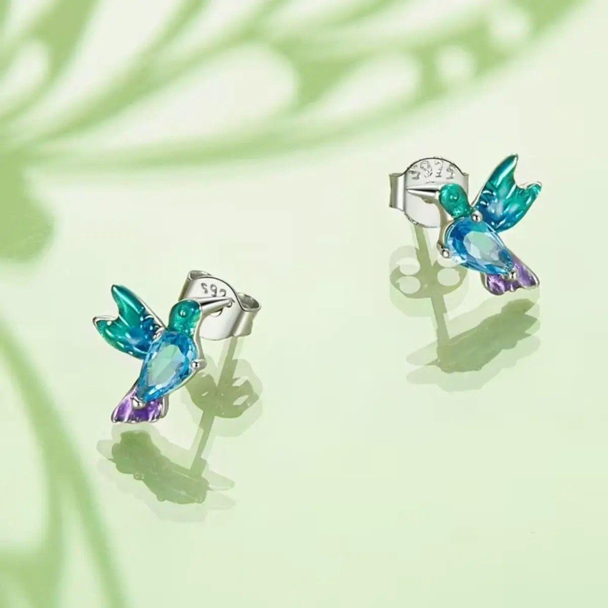 Aros Plata 925 Mini Colibrí Pájaro Multicolor-2