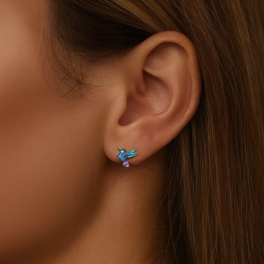 Aros Plata 925 Mini Colibrí Pájaro Multicolor-4