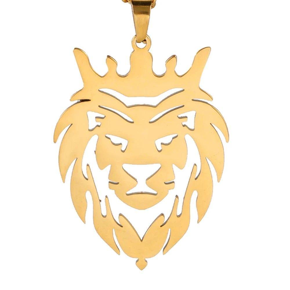 Collar Cabeza Leon Corona King Acero Dorado-2