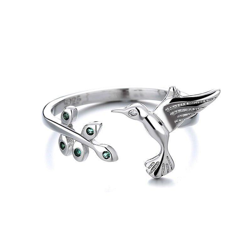 Anillo Colibri Picaflor Hojas Ajustable Plateado-2