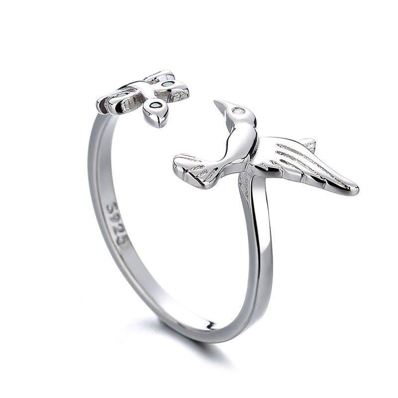 Anillo Colibri Picaflor Hojas Ajustable Plateado-3