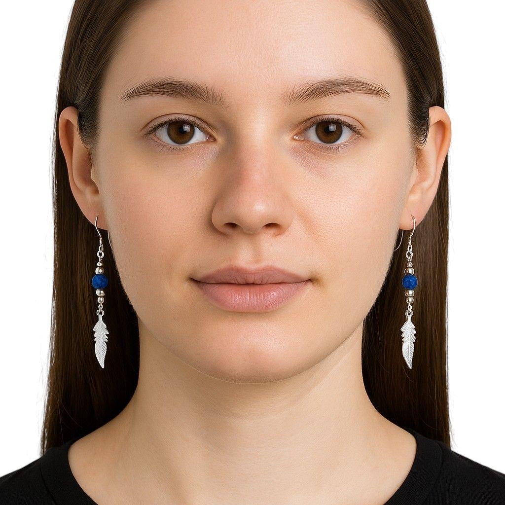 Aros Plata 925 Pluma y Cristal Azul Colgante-2