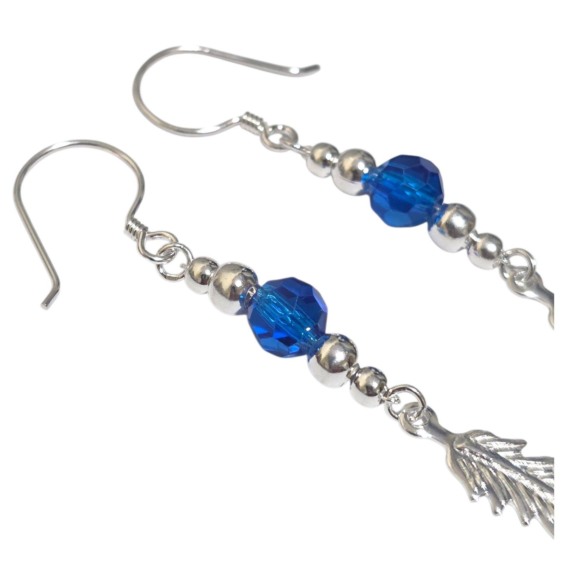 Aros Plata 925 Pluma y Cristal Azul Colgante-4