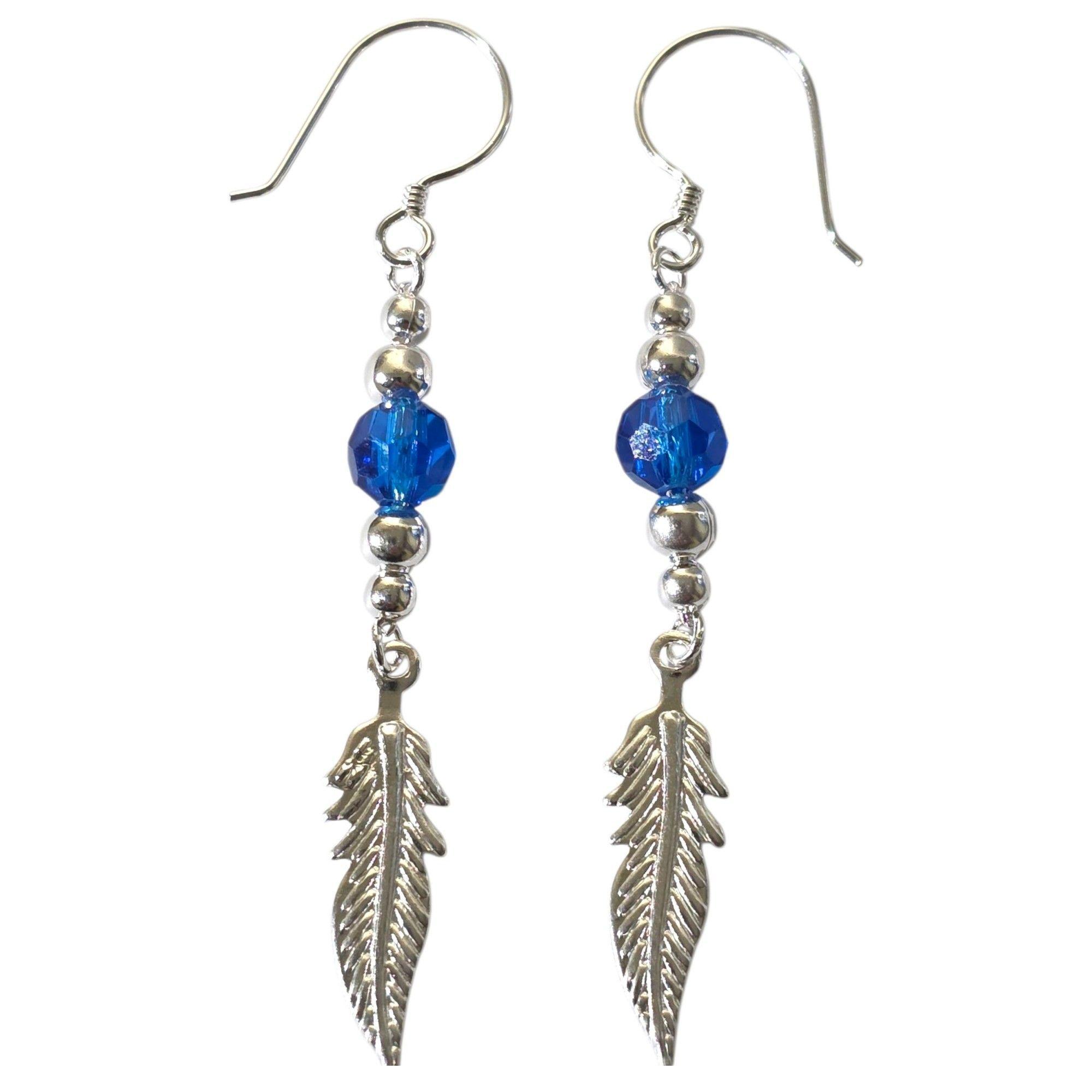 Aros Plata 925 Pluma y Cristal Azul Colgante-5