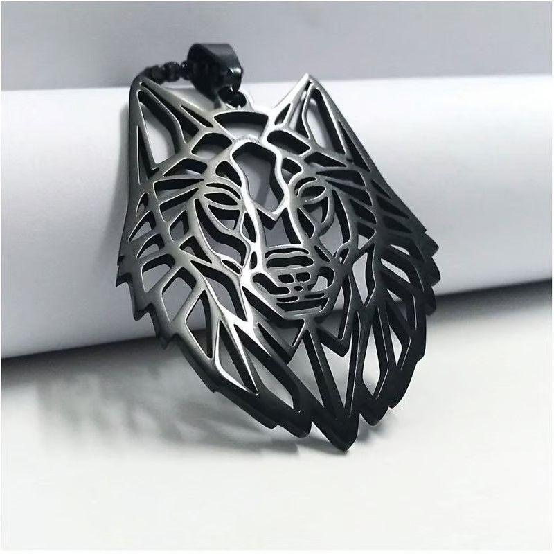 Collar Cabeza Lobo Wolf Acero Geométrico Negro-2