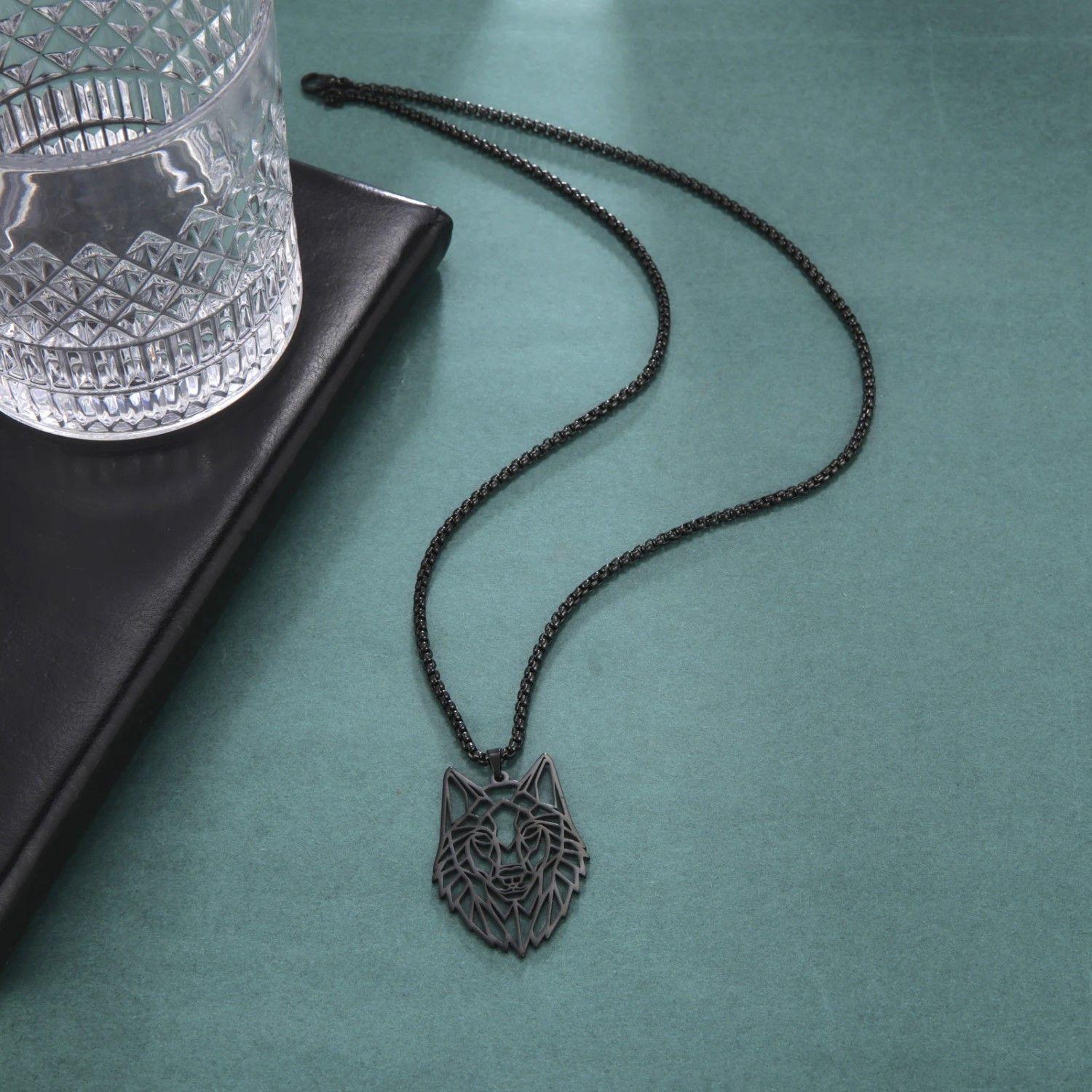 Collar Cabeza Lobo Wolf Acero Geométrico Negro-3