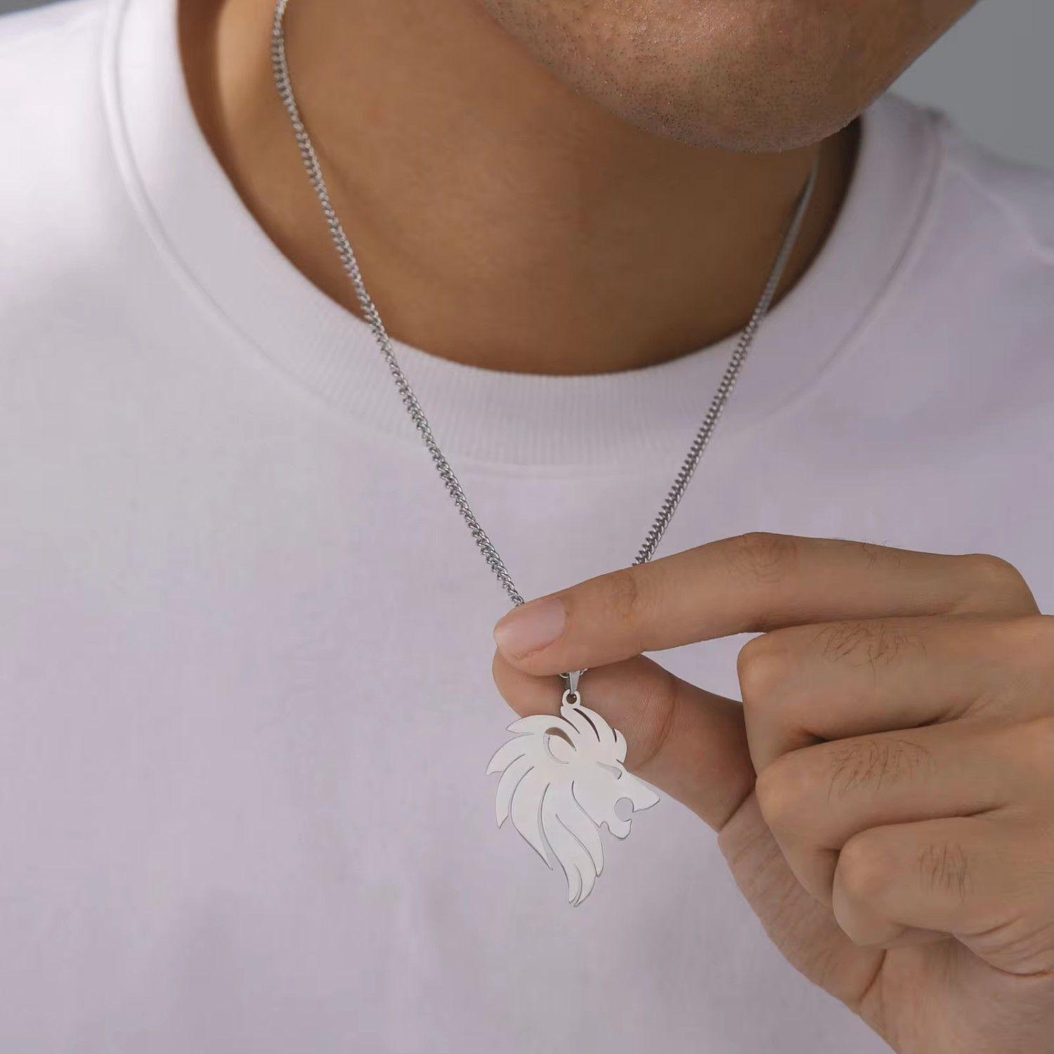 Collar Cabeza Leon King Acero Plateado-2