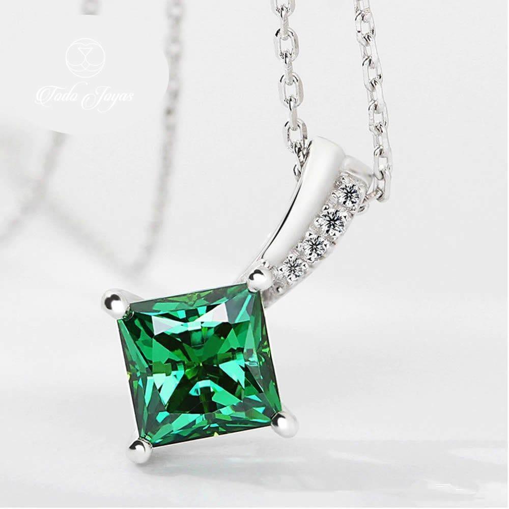 Collar Cristal Verde Cuadrado Plateado-3