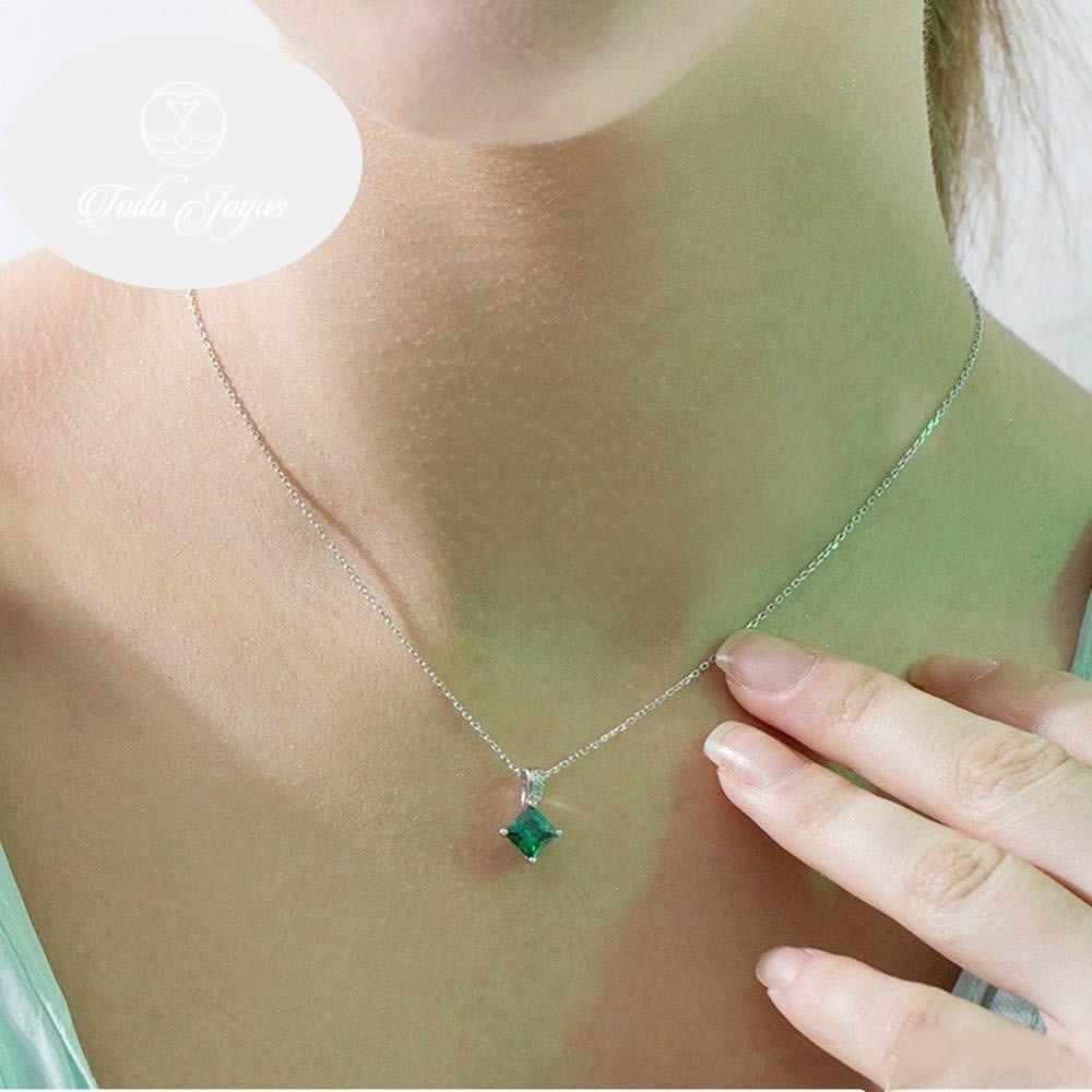 Collar Cristal Verde Cuadrado Plateado-4