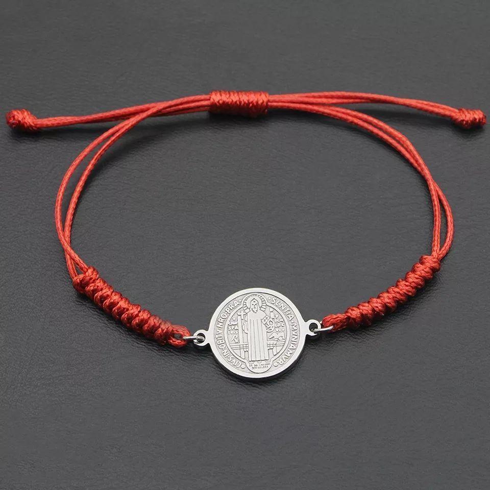 Pulsera Hilo Rojo Trenzado San Benito Acero-5