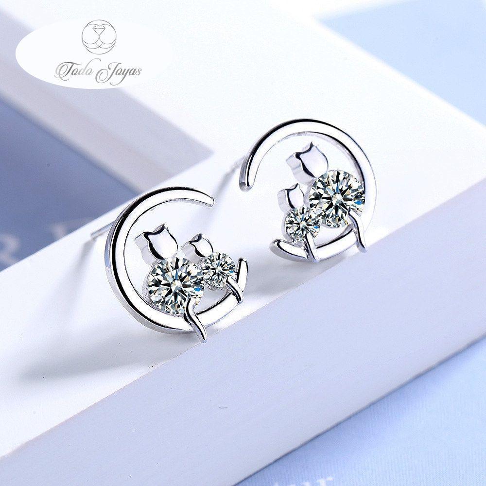 Aros Par Gatitos en Luna Plateado -5