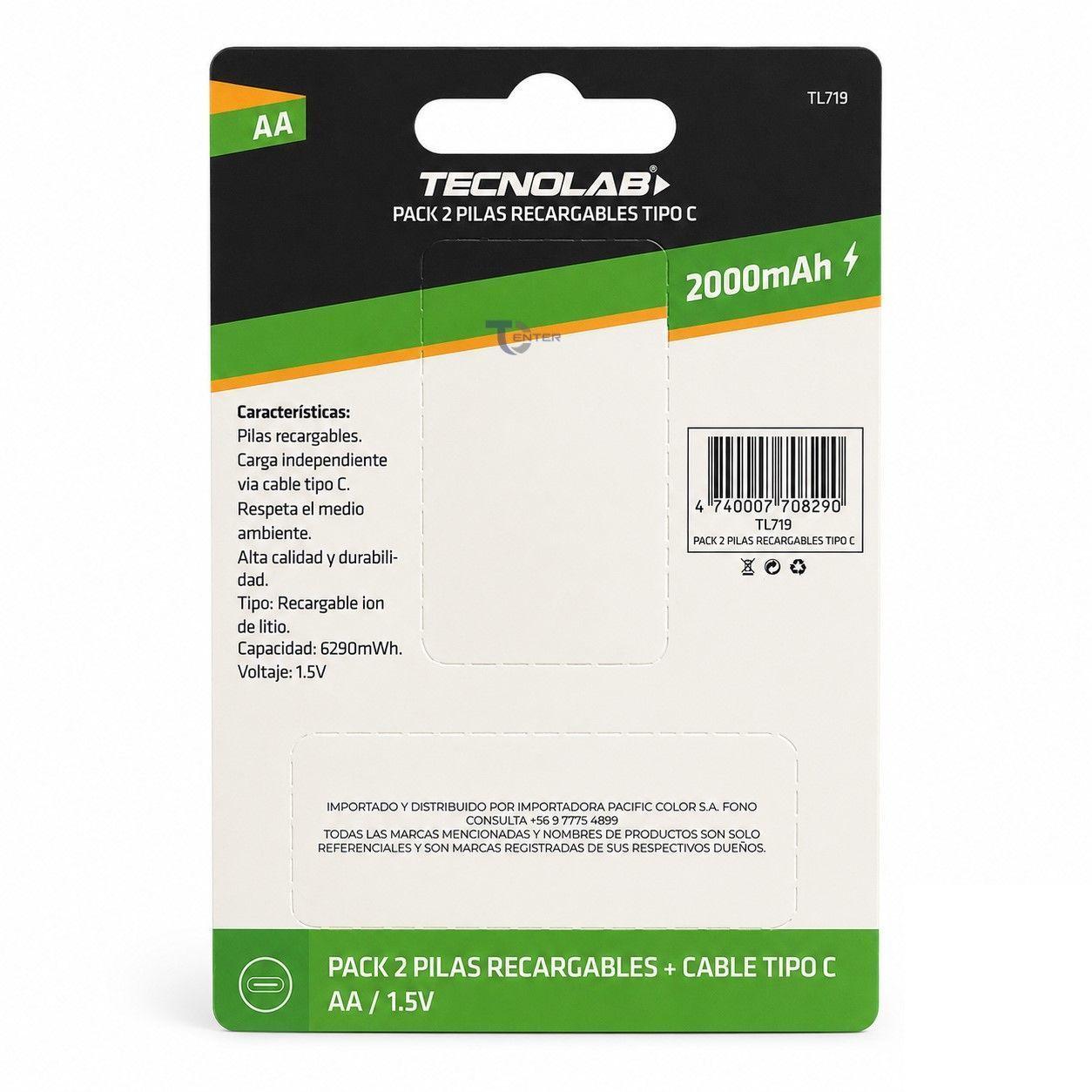 Pack 2 Pilas Recargables AA Litio Tecnolab TL-719-1