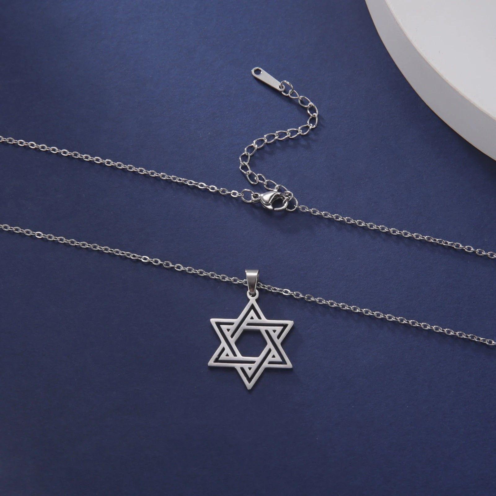 Colgante Collar Estrella David Biselada Acero Plateado-3