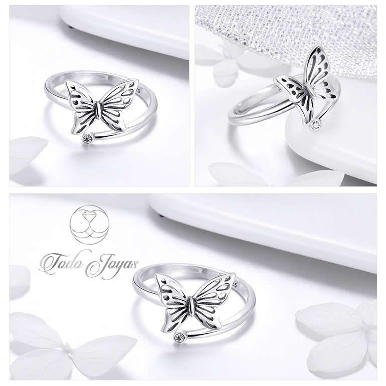 Anillo Plata Fina 925 Mariposa y Circon Ajustable -3