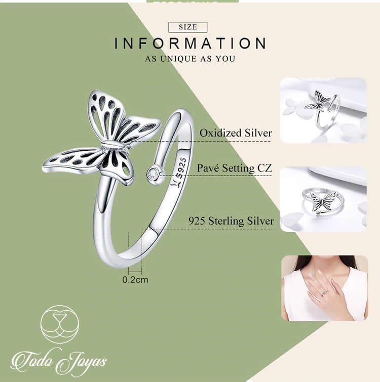 Anillo Plata Fina 925 Mariposa y Circon Ajustable -5