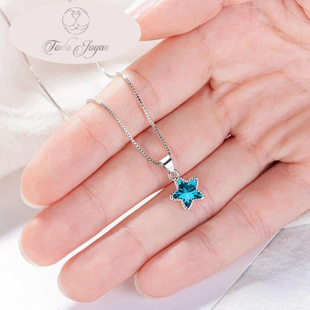 Collar Estrella Circon Azul Plateado -5