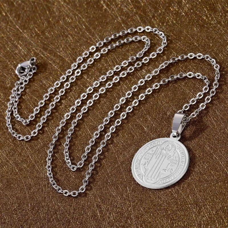 Collar Medalla San Benito Protector Acero Plateado-3