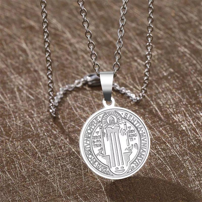 Collar Medalla San Benito Protector Acero Plateado-4