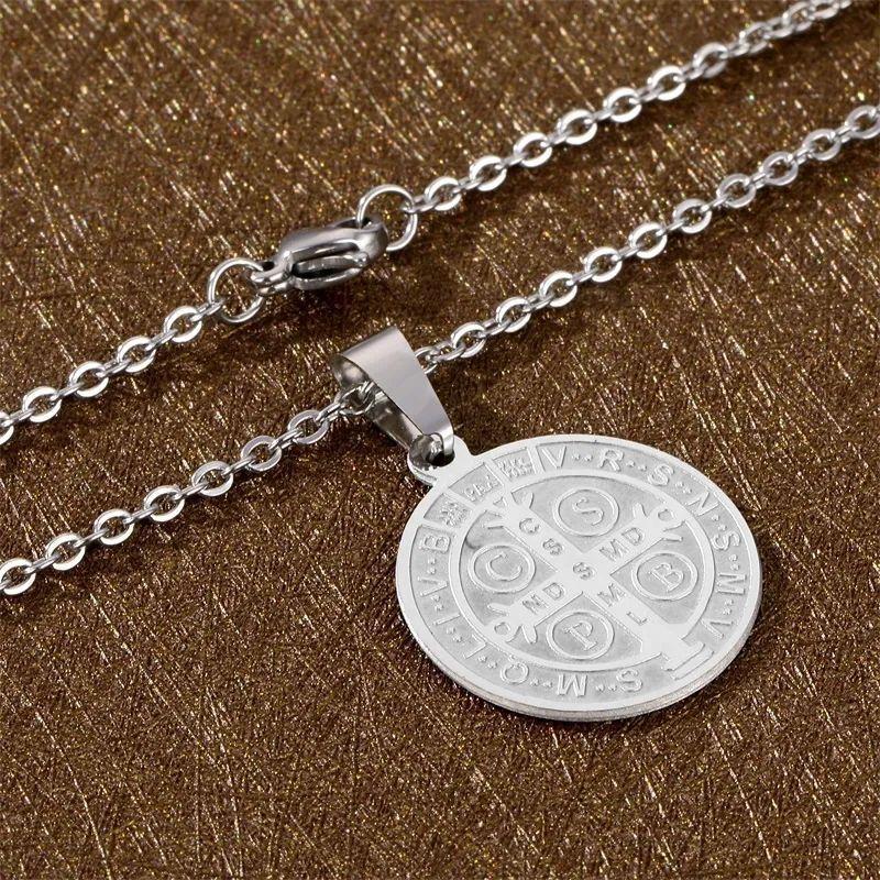 Collar Medalla San Benito Protector Acero Plateado-5