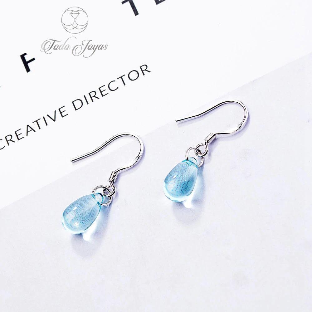 Aros Gota Cristal Celeste Colgante -2