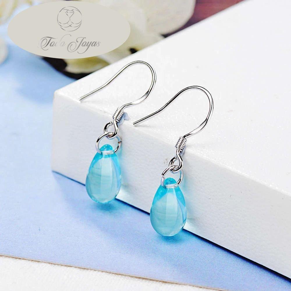 Aros Gota Cristal Celeste Colgante -3