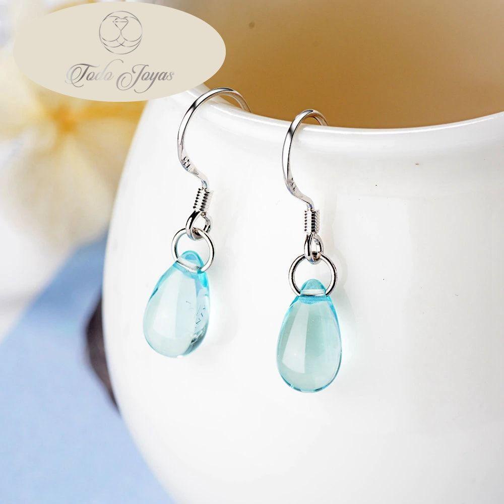 Aros Gota Cristal Celeste Colgante -4