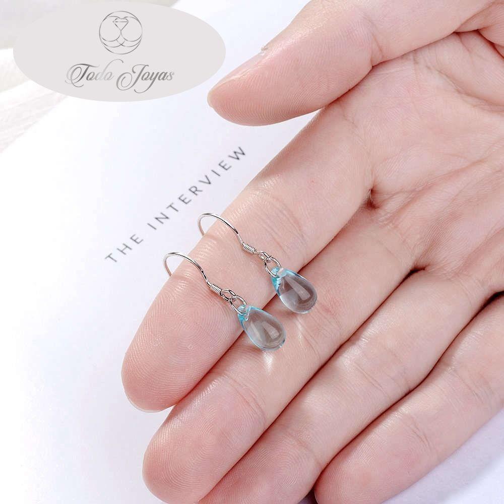 Aros Gota Cristal Celeste Colgante -5