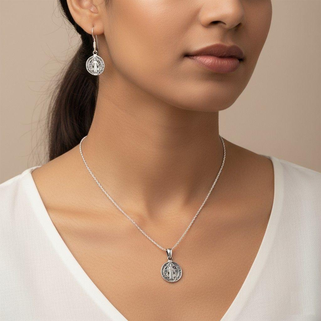 Conjunto Plata 925 Medallas San Benito Protector-5
