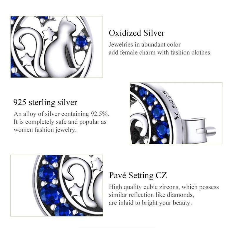 Aros Plata 925 Gato en Luna Azul-4