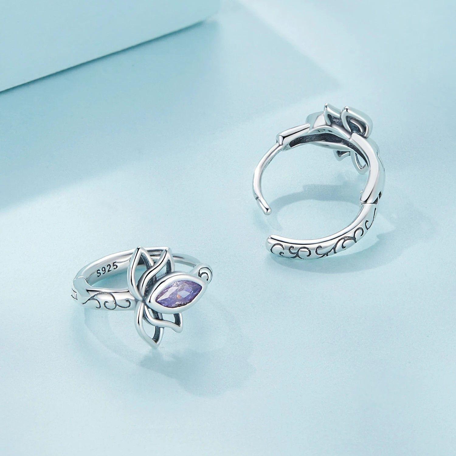 Aros Plata 925 Argollas Huggies Flor de Loto-2