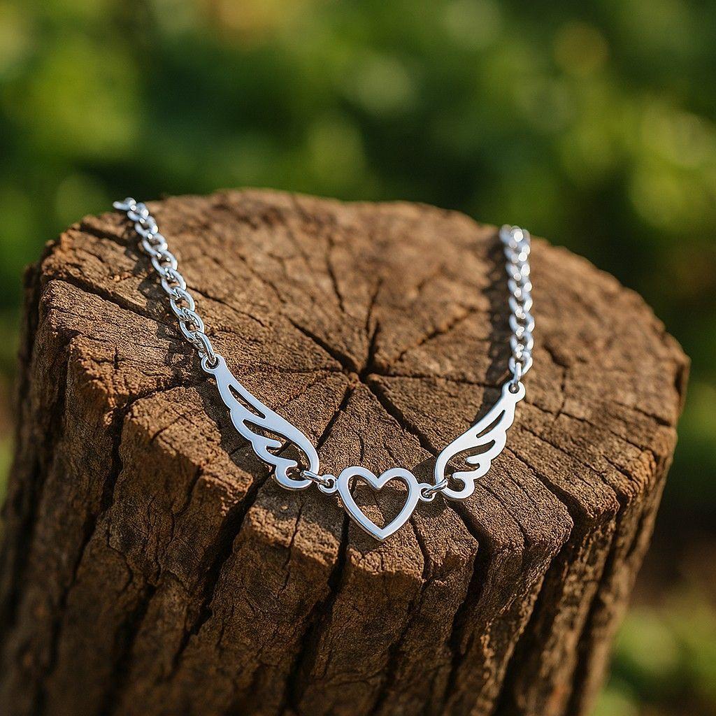 Collar Alas de Ángel corazón Acero Plateado-4