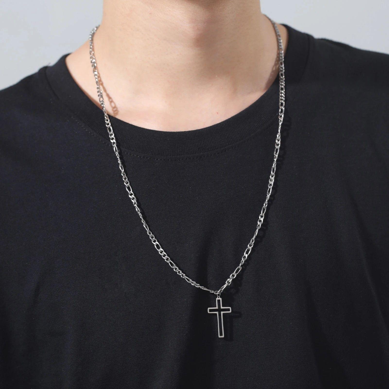 Colgante Collar Cruz Biselada Fígaro Acero Plateado-3