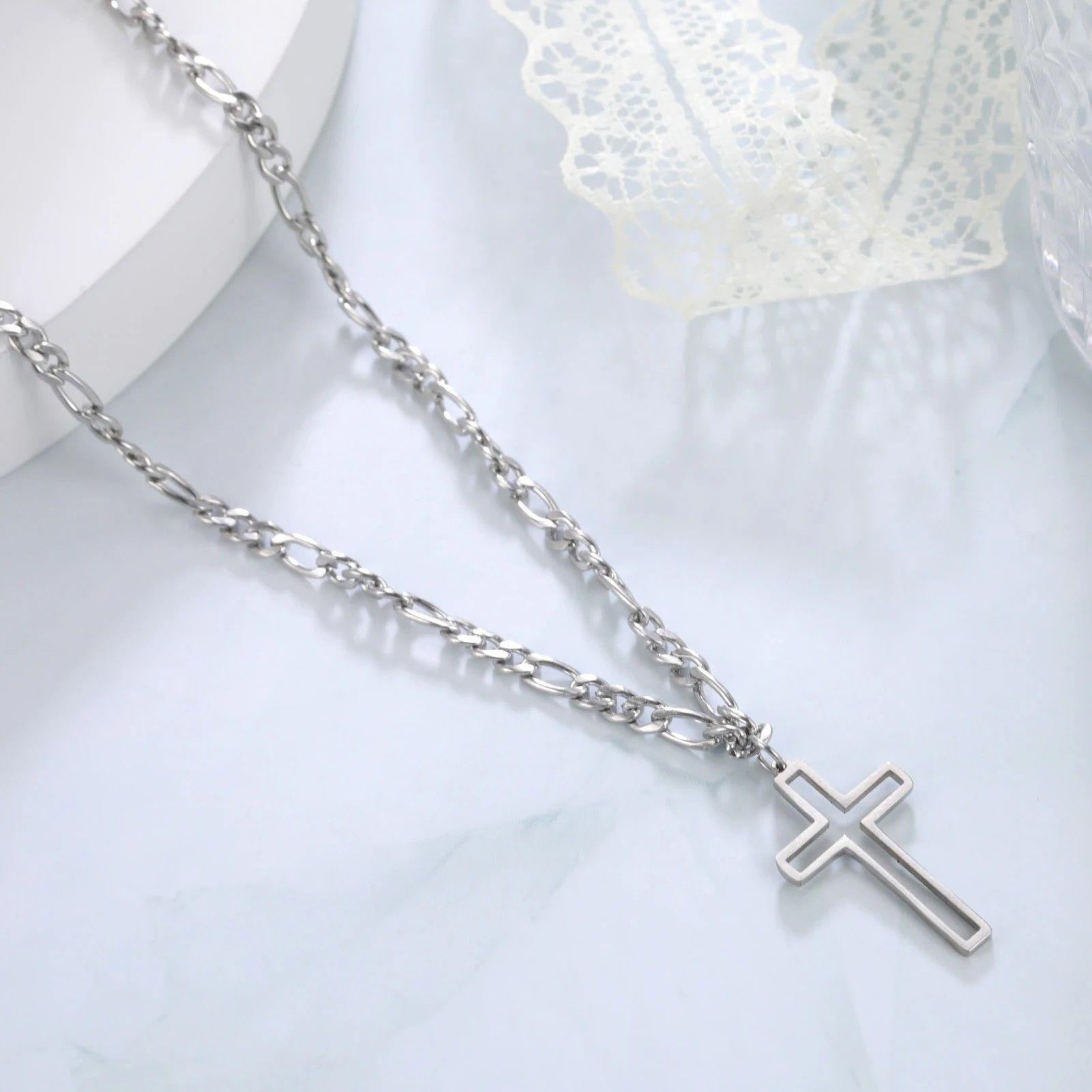 Colgante Collar Cruz Biselada Fígaro Acero Plateado-4