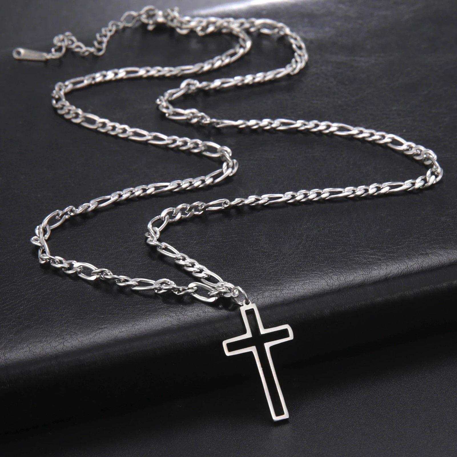 Colgante Collar Cruz Biselada Fígaro Acero Plateado-6