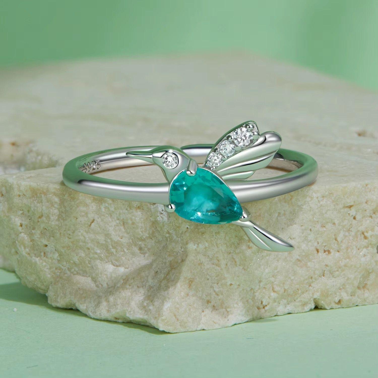 Anillo Plata 925 Colibrí Picaflor Ave Cristal Verde-4